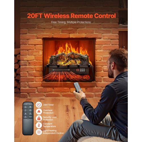 VEVOR 23 inch Electric Fireplace Log, Fireplace Insert Log Heater,with Crackling Sound,Remote Controller,5 Adjustable Flame Brightness, Timer,