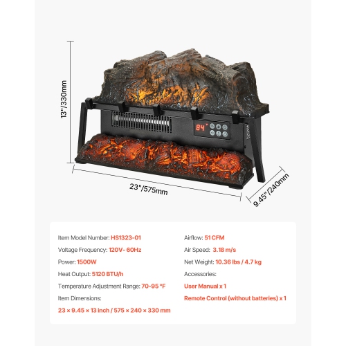 VEVOR 23 inch Electric Fireplace Log, Fireplace Insert Log Heater,with Crackling Sound,Remote Controller,5 Adjustable Flame Brightness, Timer,