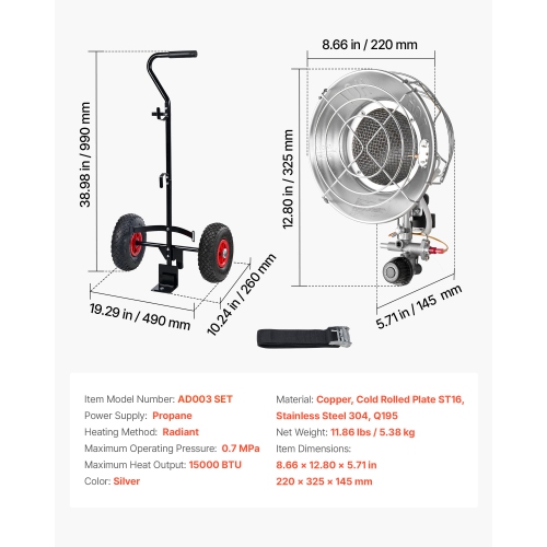 VEVOR 15000 BTU Propane Tank Top Heater with Portable Trolley, Rapid Heating 180-Degree Infrared Radiant Tank Top Gas Heater for 20-40lb Propane