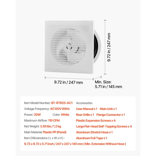 VEVOR 6 inch Through-The-Wall Ventilation Fan, 110 CFM Through Wall Exhaust Fan with AC Motor, Quiet Vent Easy Installation for Bathroom, Laundry