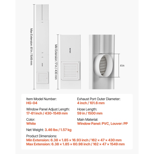 VEVOR Dryer Vent Window Kit, Fits 4-Inch Exhaust Hoses, Adjustable Length for Adapts Sliding Windows of Different Heights, Sturdy PVC and PP