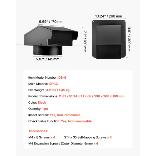 VEVOR 6 inch Hooded Wall Vent Cover, Square AC Vent Gable Cover, Premium SPCC Steel & with Built-in a Protection Screen, for Roofs,Walls,Outside Duct