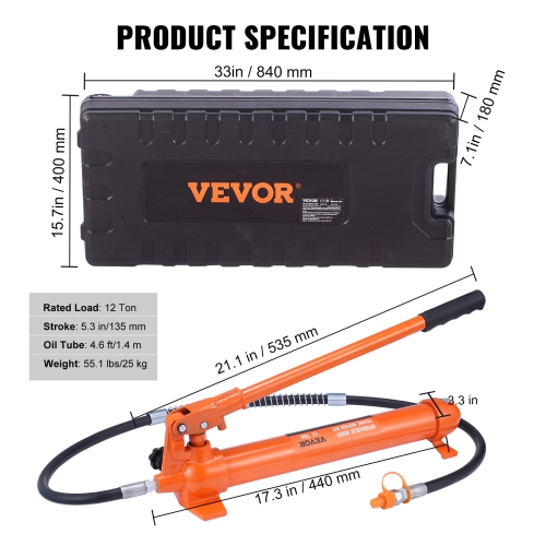 VEVOR 12 Ton Porta Power Kit, Hydraulic Ram with Pump with 4.6 ft/1.4 m Oil Hose, Portable Hydraulic Jack with Storage Case for Automotive, Garage,