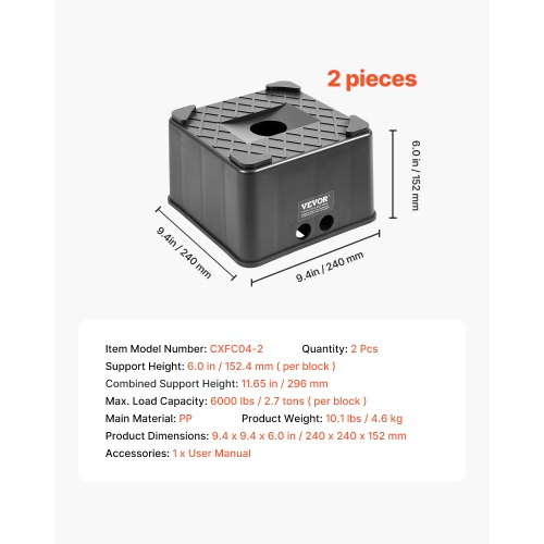 VEVOR 6" High Trailer Jack Blocks, Heavy Duty RV Leveling Blocks, Each with 6000lbs Capacity, as RV Jack Stand, Stool, for Travel Trailers, 5th
