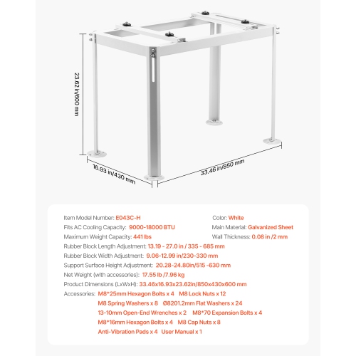 VEVOR Mini Split Ground Stand, Adjustable Anti-Vibration, fits 9000-18000 BTU Ductless Air Conditioner Heat Pump, Heavy Duty AC Base Bracket Floor