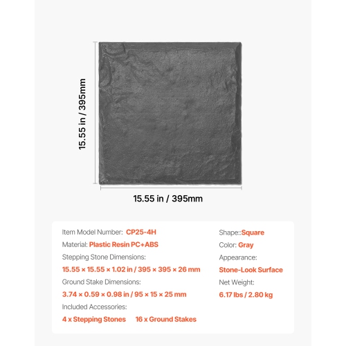 VEVOR 15.5 x 15.5 in Garden Stepping Stones, 4Pcs, Decorative Stepping Stones with Stakes, Weather-Resistant Plastic Pavers, Smooth Surface, Walkway