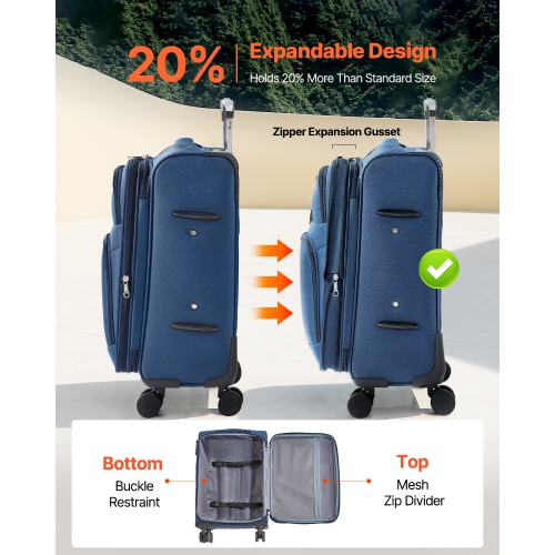 Valise souple extensible de 20&nbsp;po VEVOR avec roulettes pivotantes, bagage de cabine souple, valise enregistrée légère avec pochette extensible à