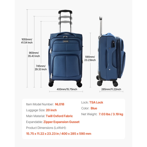 Valise souple extensible de 20&nbsp;po VEVOR avec roulettes pivotantes, bagage de cabine souple, valise enregistrée légère avec pochette extensible à