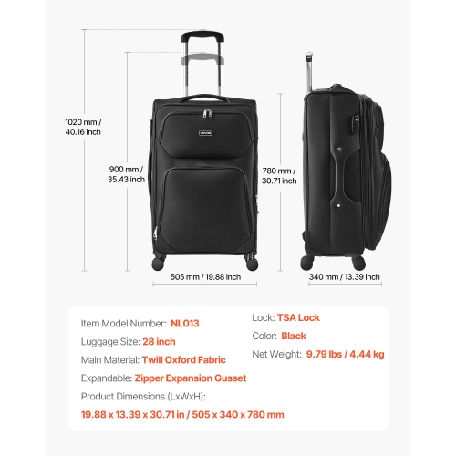 Valise souple extensible de 28&nbsp;po VEVOR avec roulettes pivotantes, grande valise souple enregistrée, valise enregistrée légère avec pochette