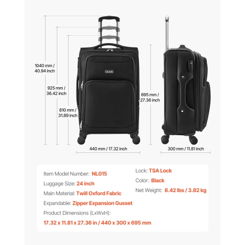 VEVOR 24-Inch Softside Expandable Luggage with Spinner Wheels, Softside Checked Medium Luggage, Lightweight Checked Suitcase with Expandable Zippered