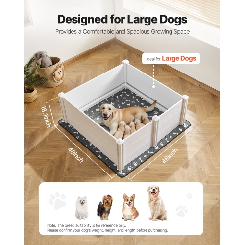 VEVOR 48 x 48 x 18.1 in Dogs Whelping Box, Plastic PVC Puppies Playpen with Height Adjustable Door and Washable Pee Pad, Anti-Deformation, for Large