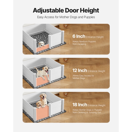 VEVOR 48 x 48 x 18.1 in Dogs Whelping Box, Plastic PVC Puppies Playpen with Height Adjustable Door and Washable Pee Pad, Anti-Deformation, for Large