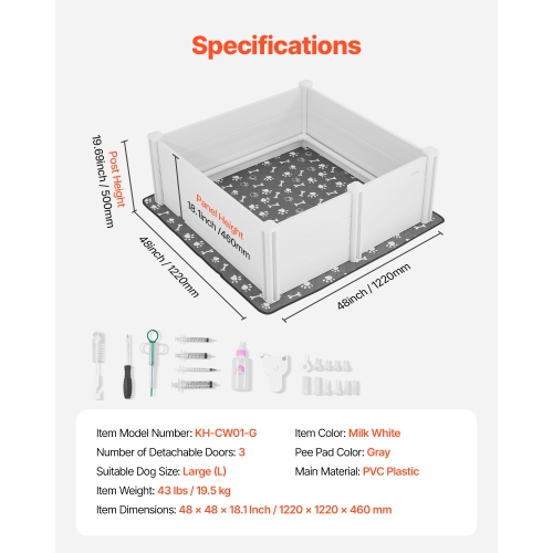 VEVOR 48 x 48 x 18.1 in Dogs Whelping Box, Plastic PVC Puppies Playpen with Height Adjustable Door and Washable Pee Pad, Anti-Deformation, for Large