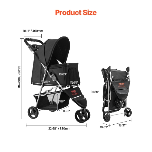 VEVOR 35lbs Capacity Pet Stroller, Foldable Stroller Cart, 3-Wheel Stroller with Mesh Windows and Cup Holders, Portable Pet Carrier Stroller with