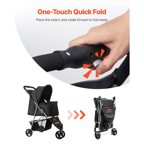 VEVOR 35lbs Capacity Pet Stroller, Foldable Stroller Cart, 3-Wheel Stroller with Mesh Windows and Cup Holders, Portable Pet Carrier Stroller with