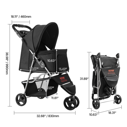 VEVOR 35lbs Capacity Pet Stroller, Foldable Stroller Cart, 3-Wheel Stroller with Mesh Windows and Cup Holders, Portable Pet Carrier Stroller with