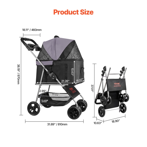 VEVOR 35lbs Capacity Pet Stroller, Foldable Dog Stroller Cart, 4-Wheel Cats Pram with Detachable Carrier & Mesh Windows, Portable Animal Carrier with