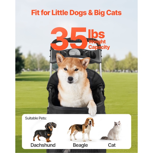 VEVOR 35lbs Capacity Pet Stroller, Foldable Dog Stroller Cart, 4-Wheel Cats Pram with Detachable Carrier & Mesh Windows, Portable Animal Carrier with