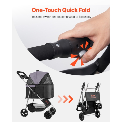 VEVOR 35lbs Capacity Pet Stroller, Foldable Dog Stroller Cart, 4-Wheel Cats Pram with Detachable Carrier & Mesh Windows, Portable Animal Carrier with