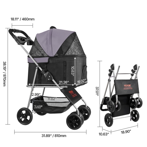 VEVOR 35lbs Capacity Pet Stroller, Foldable Dog Stroller Cart, 4-Wheel Cats Pram with Detachable Carrier & Mesh Windows, Portable Animal Carrier with