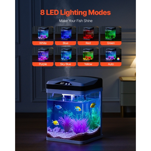 VEVOR 2 Gallon Fish Tank Aquarium, LED Square Ultra-Clear Glass Tank Temp. Monitoring, Adjustable 7-Color Lighting & Self-Cleaning, for