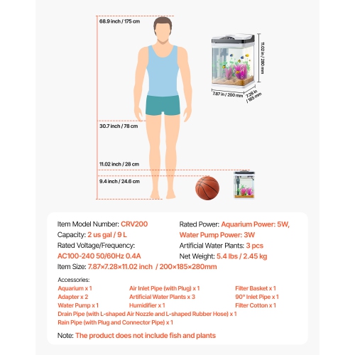 VEVOR 2 Gallon Fish Tank Aquarium, LED Square Ultra-Clear Glass Tank Temp. Monitoring, Adjustable 7-Color Lighting & Self-Cleaning, for