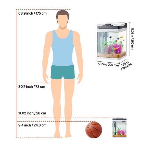 VEVOR 2 Gallon Fish Tank Aquarium, LED Square Ultra-Clear Glass Tank Temp. Monitoring, Adjustable 7-Color Lighting & Self-Cleaning, for