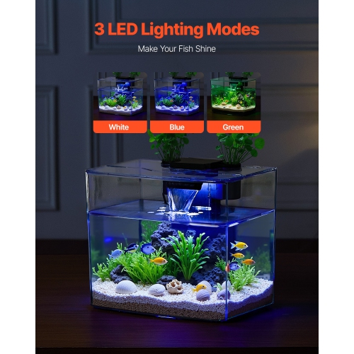 VEVOR 3.5 Gallon Fish Tank Aquarium, Arch Ultra-Clear GPPS Starter Smart Tank Adjustable 3-Color Lighting, Self Cleaning System for