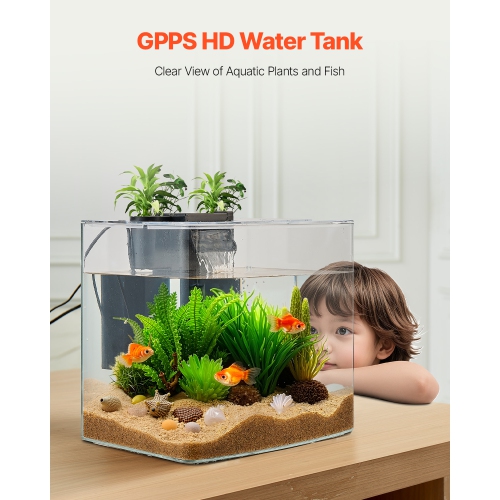 VEVOR 3.5 Gallon Fish Tank Aquarium, Arch Ultra-Clear GPPS Starter Smart Tank Adjustable 3-Color Lighting, Self Cleaning System for