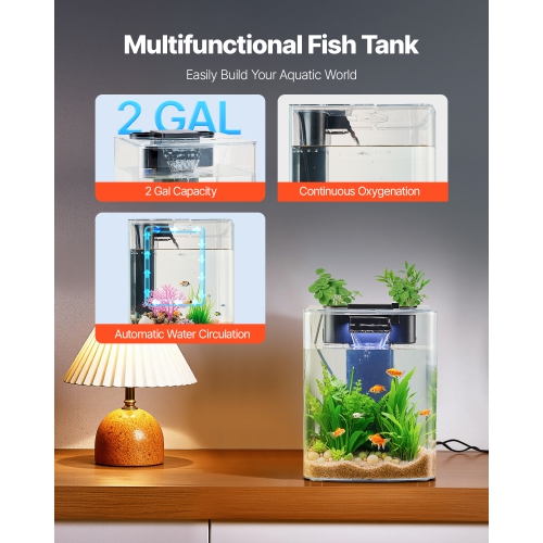 VEVOR 2 Gallon Fish Tank Aquarium, Arch Ultra-Clear GPPS Starter Smart Tank Adjustable 3-Color Lighting, Self Cleaning System for