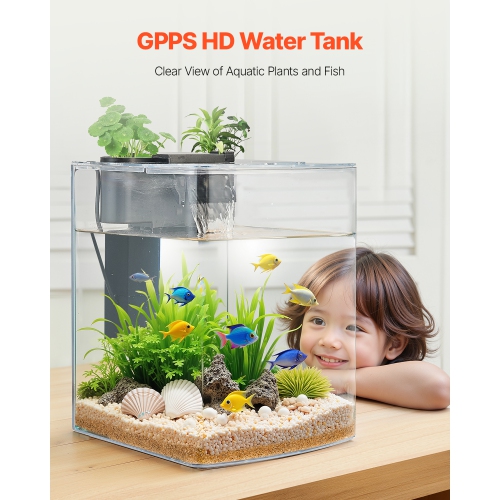 VEVOR 2 Gallon Fish Tank Aquarium, Arch Ultra-Clear GPPS Starter Smart Tank Adjustable 3-Color Lighting, Self Cleaning System for