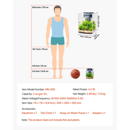 VEVOR 2 Gallon Fish Tank Aquarium, Arch Ultra-Clear GPPS Starter Smart Tank Adjustable 3-Color Lighting, Self Cleaning System for