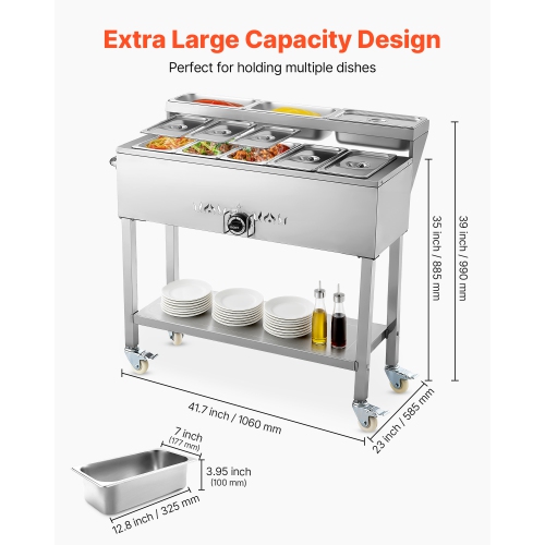 VEVOR Commercial Propane Steam Table, 5 Food Pans & 3 Condiment Pans, LP Gas Soup Warmer with Drain Valve and 3" Wheels, Stainless Steel Food Warmer