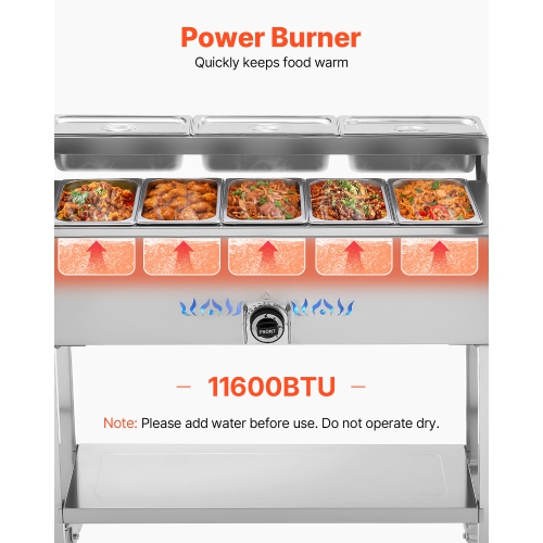 VEVOR Commercial Propane Steam Table, 5 Food Pans & 3 Condiment Pans, LP Gas Soup Warmer with Drain Valve and 3" Wheels, Stainless Steel Food Warmer