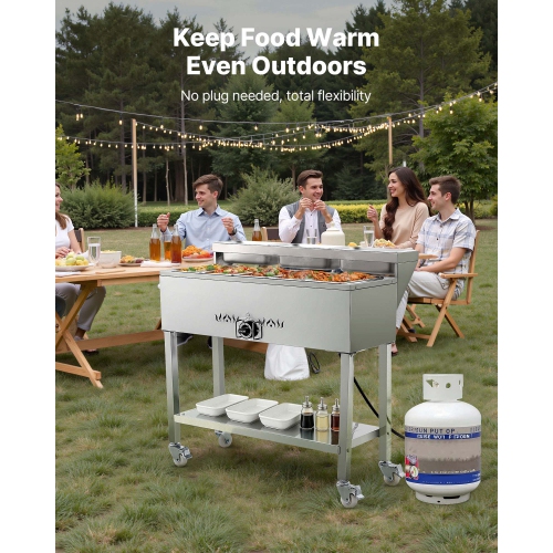 VEVOR Commercial Propane Steam Table, 5 Food Pans & 3 Condiment Pans, LP Gas Soup Warmer with Drain Valve and 3" Wheels, Stainless Steel Food Warmer