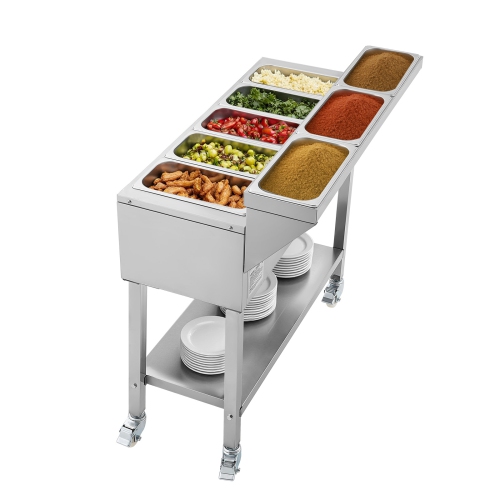 VEVOR Commercial Propane Steam Table, 5 Food Pans & 3 Condiment Pans, LP Gas Soup Warmer with Drain Valve and 3" Wheels, Stainless Steel Food Warmer