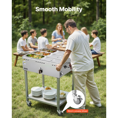 VEVOR 6-Pan Commercial Propane Steam Table, LP Gas Soup Warmer with Drain Valve and 3" Wheels, Stainless Steel Food Warmer with Adjustable