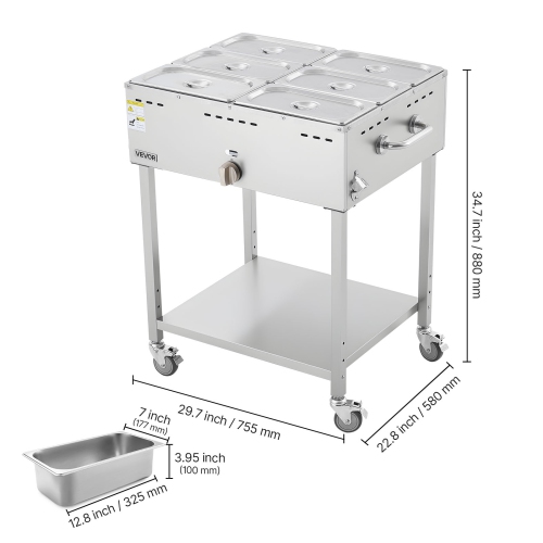 VEVOR 6-Pan Commercial Propane Steam Table, LP Gas Soup Warmer with Drain Valve and 3" Wheels, Stainless Steel Food Warmer with Adjustable