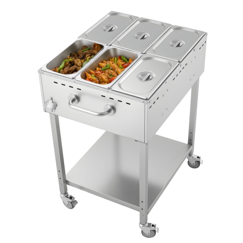VEVOR 6-Pan Commercial Propane Steam Table, LP Gas Soup Warmer with Drain Valve and 3" Wheels, Stainless Steel Food Warmer with Adjustable