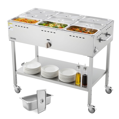 VEVOR 9-Pan Commercial Propane Steam Table, LP Gas Soup Warmer with Drain Valve and 3" Wheels, Stainless Steel Propane Food Warmer with Adjustable