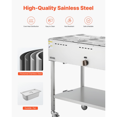 VEVOR 9-Pan Commercial Propane Steam Table, LP Gas Soup Warmer with Drain Valve and 3" Wheels, Stainless Steel Propane Food Warmer with Adjustable