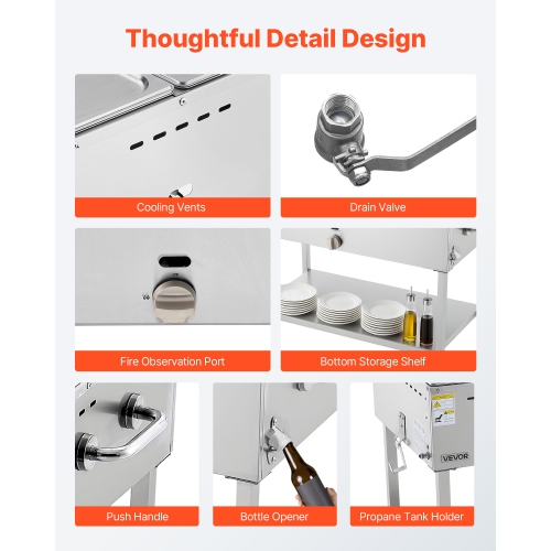 VEVOR 9-Pan Commercial Propane Steam Table, LP Gas Soup Warmer with Drain Valve and 3" Wheels, Stainless Steel Propane Food Warmer with Adjustable