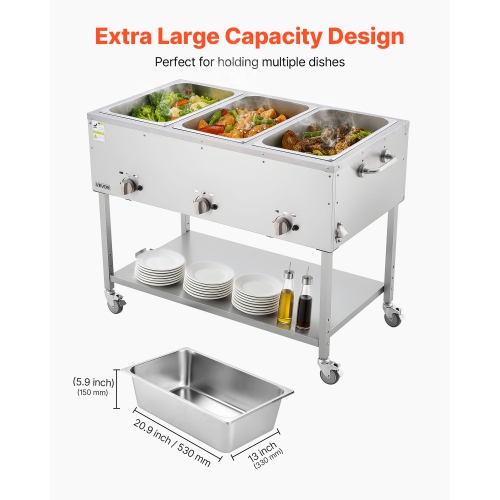 VEVOR 3-Pan Commercial Propane Steam Table, LP Gas Soup Warmer with Drain Valve and 3" Wheels, Stainless Steel Food Warmer with Independent Temp