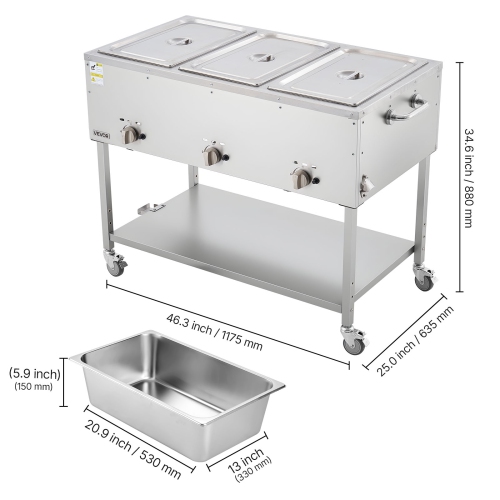 VEVOR 3-Pan Commercial Propane Steam Table, LP Gas Soup Warmer with Drain Valve and 3" Wheels, Stainless Steel Food Warmer with Independent Temp
