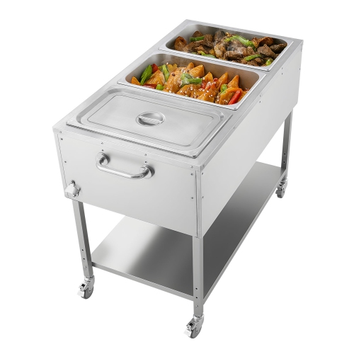 VEVOR 3-Pan Commercial Propane Steam Table, LP Gas Soup Warmer with Drain Valve and 3" Wheels, Stainless Steel Food Warmer with Independent Temp