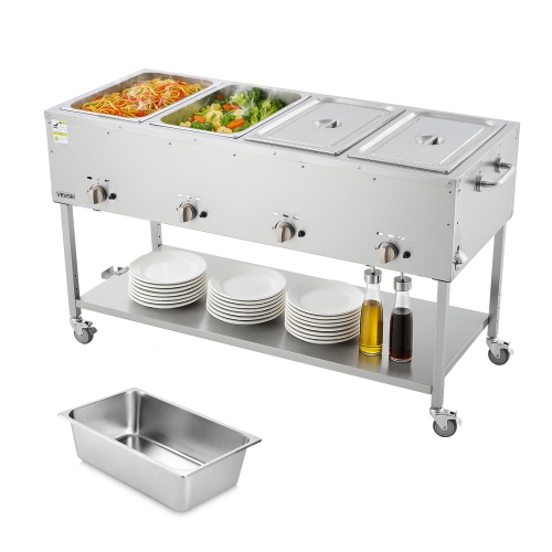 VEVOR 4-Pan Commercial Propane Steam Table, LP Gas Soup Warmer with Drain Valve and 3" Wheels, Stainless Steel Food Warmer with Independent Temp