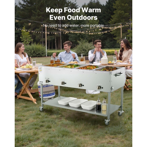 VEVOR 4-Pan Commercial Propane Steam Table, LP Gas Soup Warmer with Drain Valve and 3" Wheels, Stainless Steel Food Warmer with Independent Temp