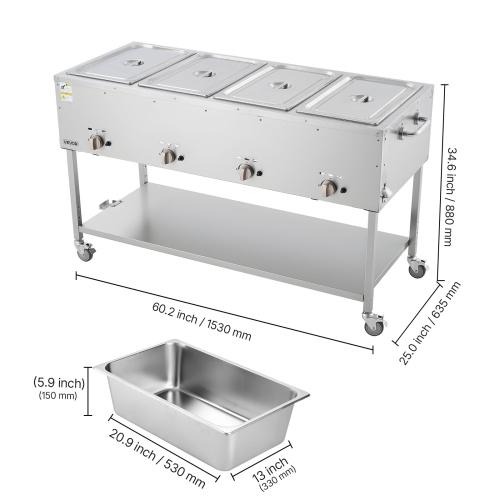 VEVOR 4-Pan Commercial Propane Steam Table, LP Gas Soup Warmer with Drain Valve and 3" Wheels, Stainless Steel Food Warmer with Independent Temp