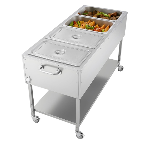 VEVOR 4-Pan Commercial Propane Steam Table, LP Gas Soup Warmer with Drain Valve and 3" Wheels, Stainless Steel Food Warmer with Independent Temp