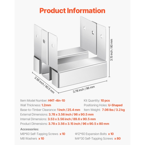 VEVOR 4x4 Post Base 10 Pcs, Inner Size 3.53x3.56inch/89.6x90.5mm Concrete Post Anchor, Heavy-Duty Zinc-Plated Carbon Steel Posts Brackets with 1 Inch